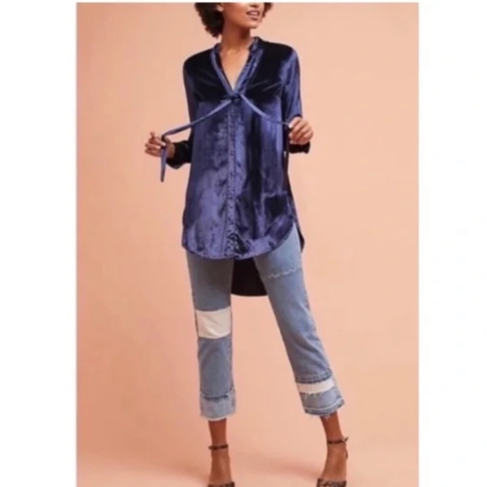 NWT Maeve by Anthropologie Navy Blue Velvet Tunic High Low Button Top Size 2